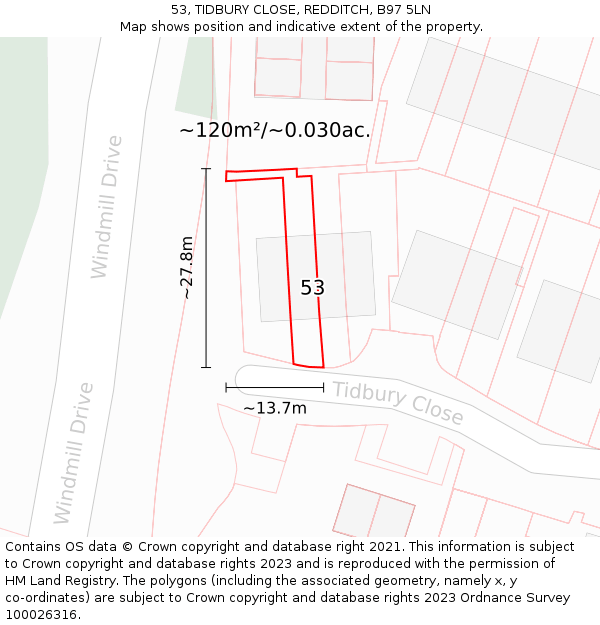 53, TIDBURY CLOSE, REDDITCH, B97 5LN: Plot and title map