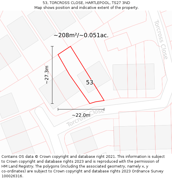 53, TORCROSS CLOSE, HARTLEPOOL, TS27 3ND: Plot and title map