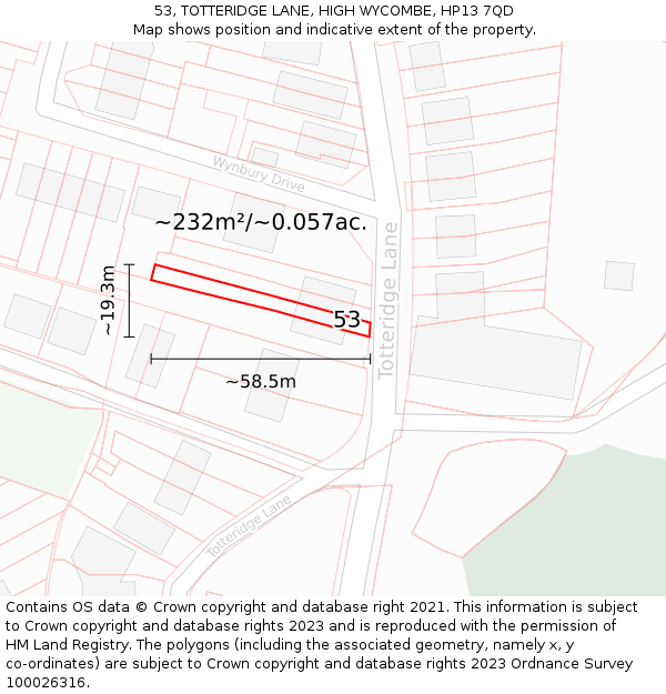 53, TOTTERIDGE LANE, HIGH WYCOMBE, HP13 7QD: Plot and title map