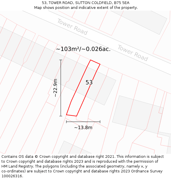 53, TOWER ROAD, SUTTON COLDFIELD, B75 5EA: Plot and title map