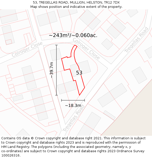 53, TREGELLAS ROAD, MULLION, HELSTON, TR12 7DX: Plot and title map