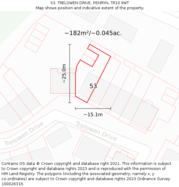 53, TRELOWEN DRIVE, PENRYN, TR10 9WT: Plot and title map
