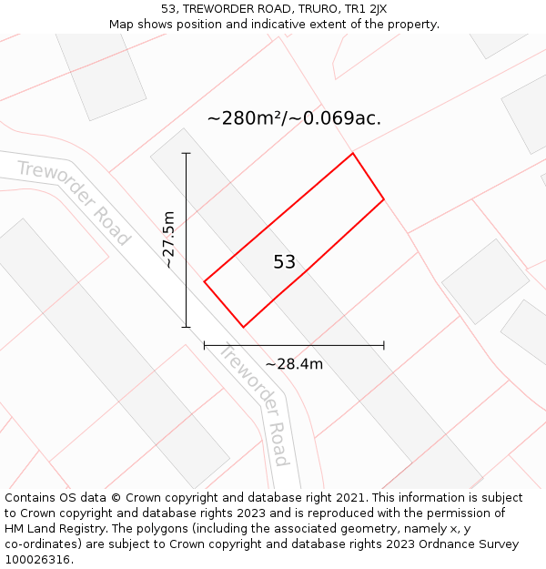 53, TREWORDER ROAD, TRURO, TR1 2JX: Plot and title map