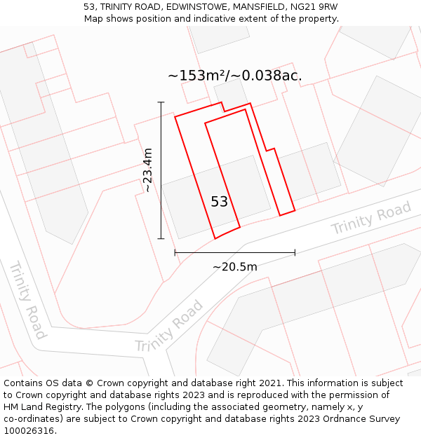 53, TRINITY ROAD, EDWINSTOWE, MANSFIELD, NG21 9RW: Plot and title map