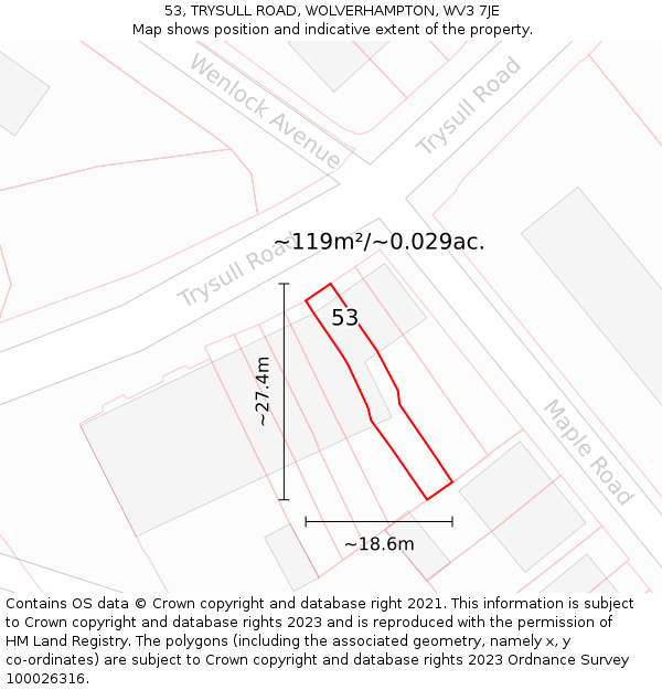 53, TRYSULL ROAD, WOLVERHAMPTON, WV3 7JE: Plot and title map