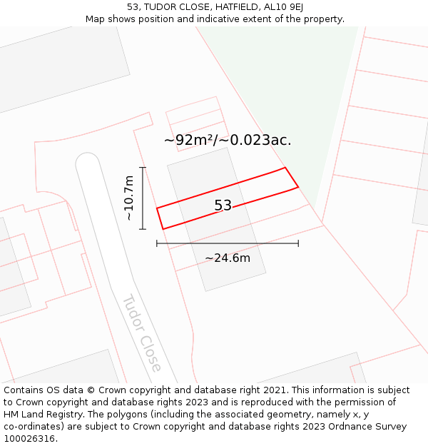53, TUDOR CLOSE, HATFIELD, AL10 9EJ: Plot and title map