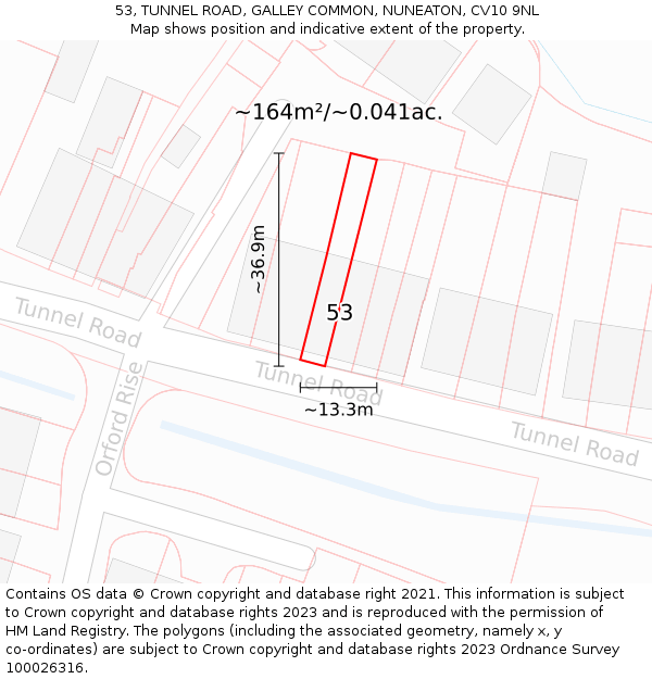 53, TUNNEL ROAD, GALLEY COMMON, NUNEATON, CV10 9NL: Plot and title map