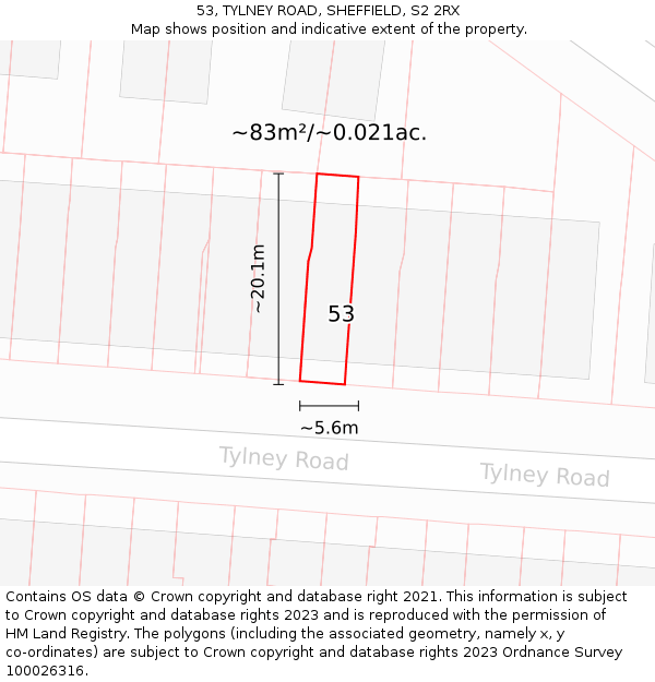53, TYLNEY ROAD, SHEFFIELD, S2 2RX: Plot and title map