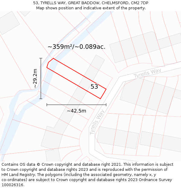 53, TYRELLS WAY, GREAT BADDOW, CHELMSFORD, CM2 7DP: Plot and title map