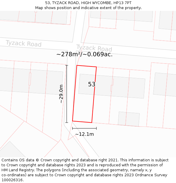 53, TYZACK ROAD, HIGH WYCOMBE, HP13 7PT: Plot and title map