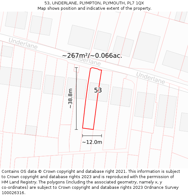 53, UNDERLANE, PLYMPTON, PLYMOUTH, PL7 1QX: Plot and title map