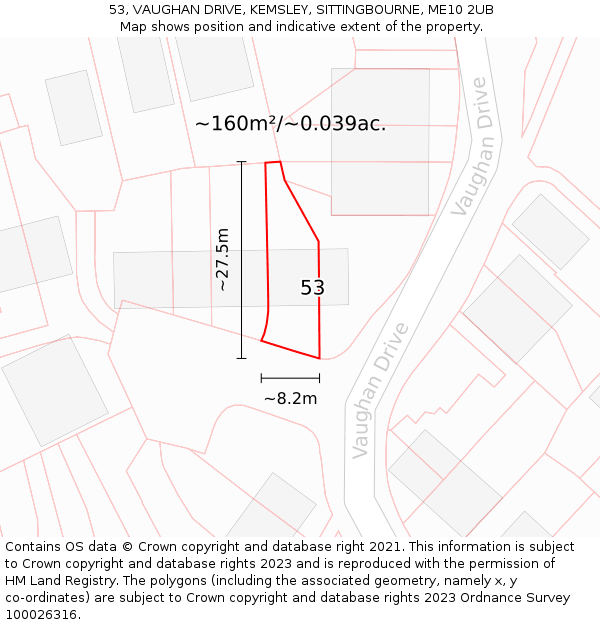 53, VAUGHAN DRIVE, KEMSLEY, SITTINGBOURNE, ME10 2UB: Plot and title map