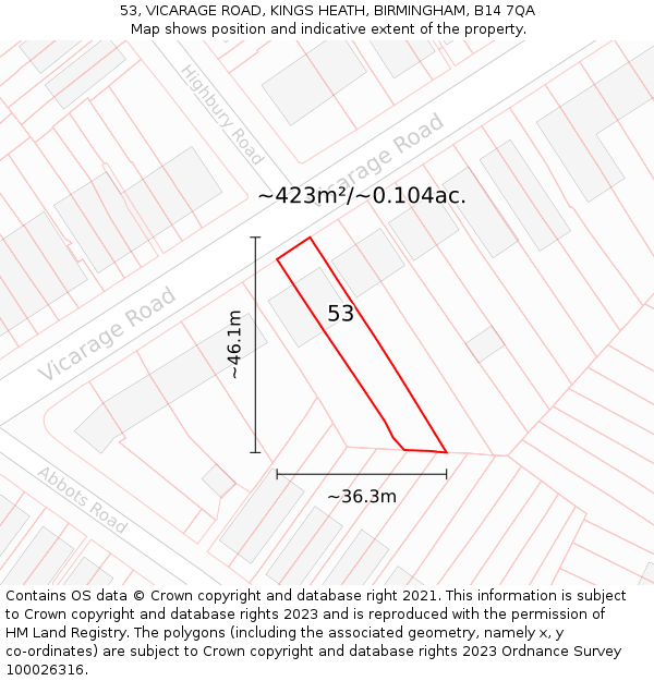 53, VICARAGE ROAD, KINGS HEATH, BIRMINGHAM, B14 7QA: Plot and title map