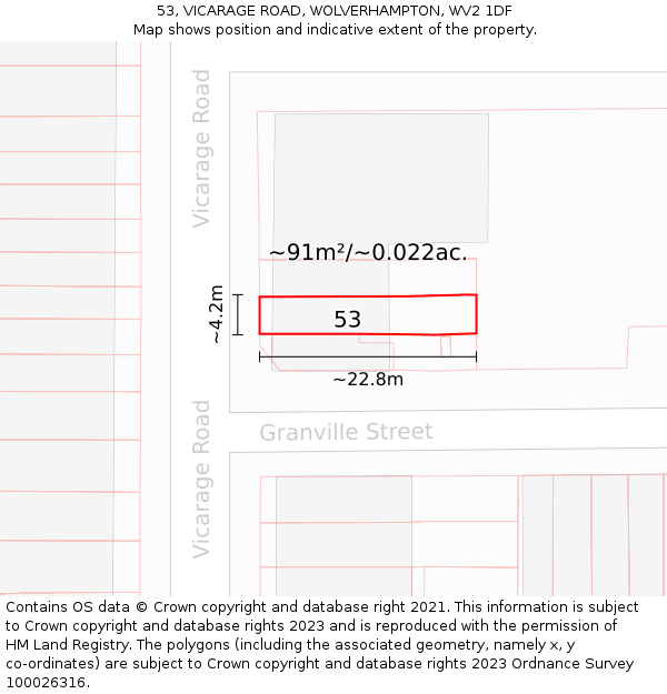 53, VICARAGE ROAD, WOLVERHAMPTON, WV2 1DF: Plot and title map
