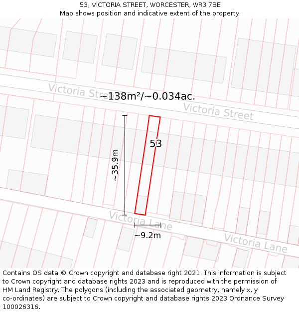 53, VICTORIA STREET, WORCESTER, WR3 7BE: Plot and title map