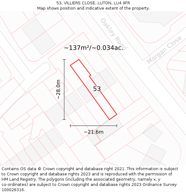 53, VILLIERS CLOSE, LUTON, LU4 9FR: Plot and title map