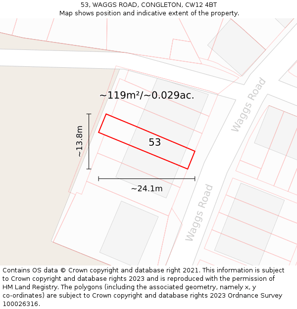 53, WAGGS ROAD, CONGLETON, CW12 4BT: Plot and title map