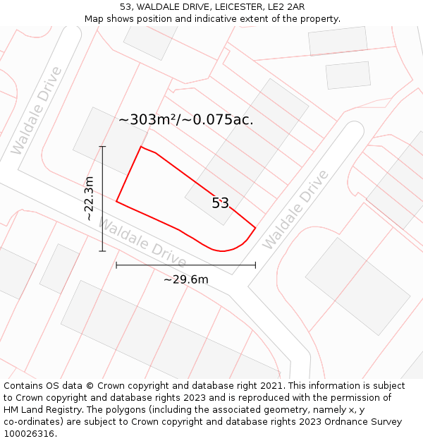 53, WALDALE DRIVE, LEICESTER, LE2 2AR: Plot and title map