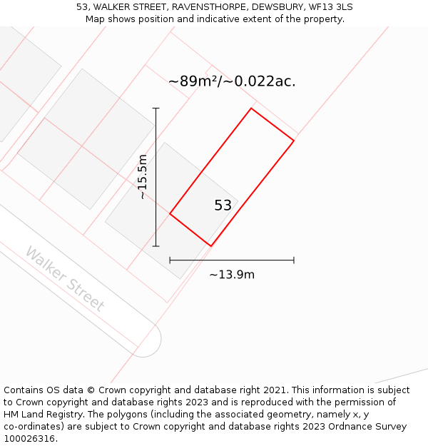 53, WALKER STREET, RAVENSTHORPE, DEWSBURY, WF13 3LS: Plot and title map