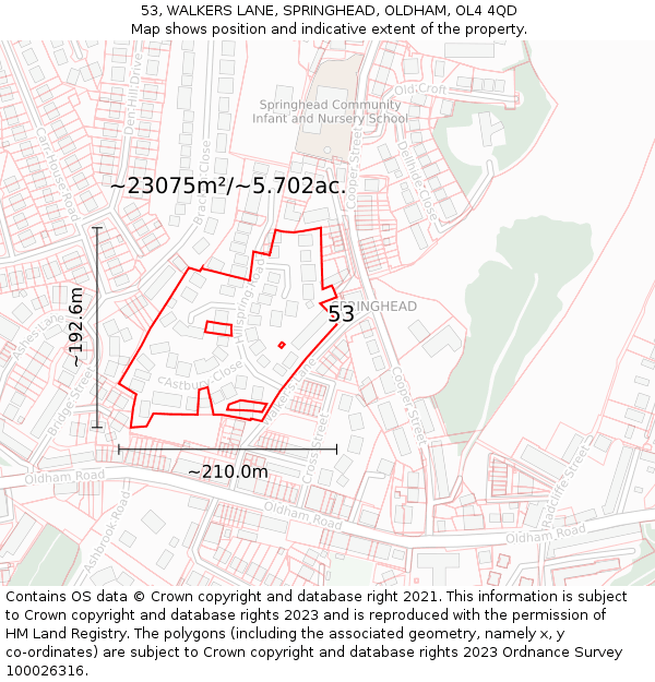 53, WALKERS LANE, SPRINGHEAD, OLDHAM, OL4 4QD: Plot and title map