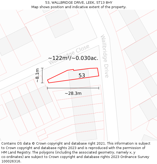 53, WALLBRIDGE DRIVE, LEEK, ST13 8HY: Plot and title map