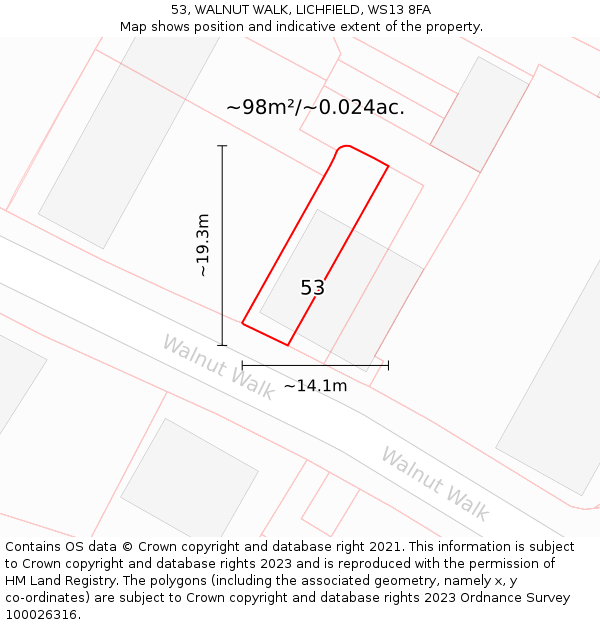 53, WALNUT WALK, LICHFIELD, WS13 8FA: Plot and title map