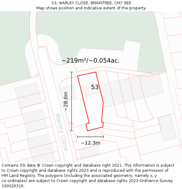 53, WARLEY CLOSE, BRAINTREE, CM7 9EE: Plot and title map