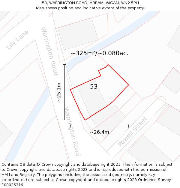 53, WARRINGTON ROAD, ABRAM, WIGAN, WN2 5PH: Plot and title map