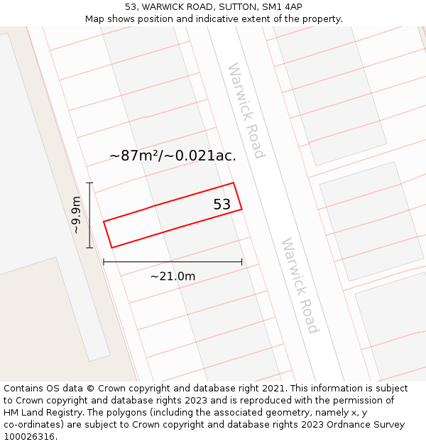 53, WARWICK ROAD, SUTTON, SM1 4AP: Plot and title map