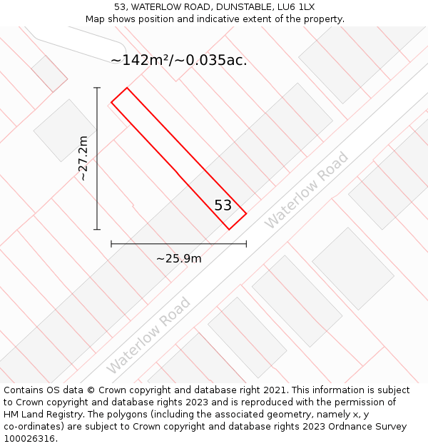 53, WATERLOW ROAD, DUNSTABLE, LU6 1LX: Plot and title map