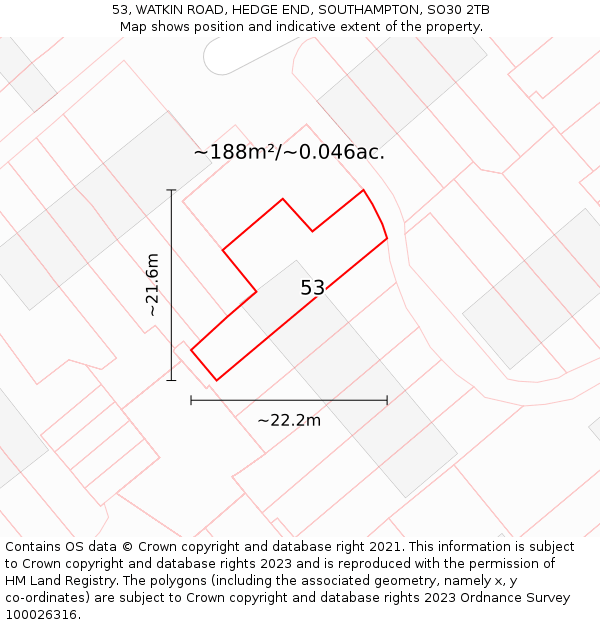 53, WATKIN ROAD, HEDGE END, SOUTHAMPTON, SO30 2TB: Plot and title map
