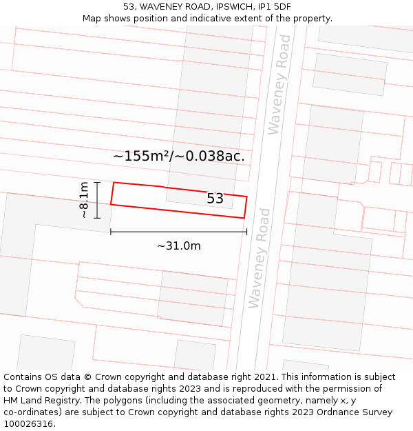53, WAVENEY ROAD, IPSWICH, IP1 5DF: Plot and title map