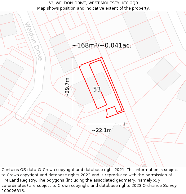 53, WELDON DRIVE, WEST MOLESEY, KT8 2QR: Plot and title map