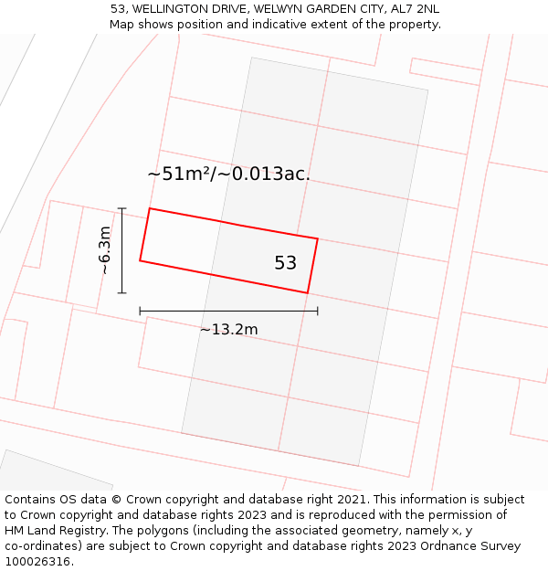 53, WELLINGTON DRIVE, WELWYN GARDEN CITY, AL7 2NL: Plot and title map