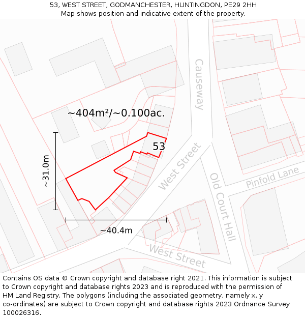 53, WEST STREET, GODMANCHESTER, HUNTINGDON, PE29 2HH: Plot and title map