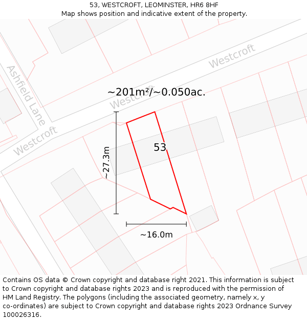 53, WESTCROFT, LEOMINSTER, HR6 8HF: Plot and title map