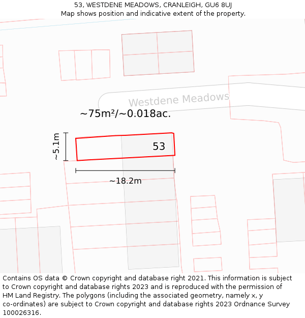 53, WESTDENE MEADOWS, CRANLEIGH, GU6 8UJ: Plot and title map