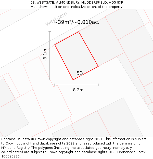 53, WESTGATE, ALMONDBURY, HUDDERSFIELD, HD5 8XF: Plot and title map