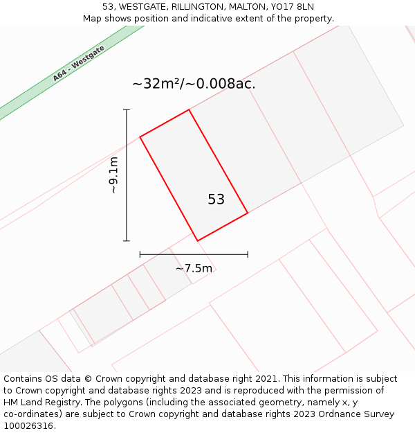 53, WESTGATE, RILLINGTON, MALTON, YO17 8LN: Plot and title map