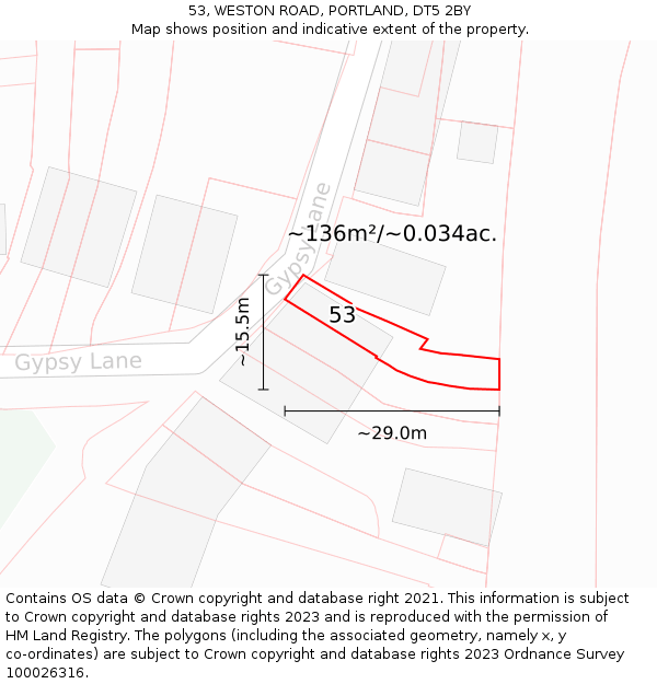 53, WESTON ROAD, PORTLAND, DT5 2BY: Plot and title map