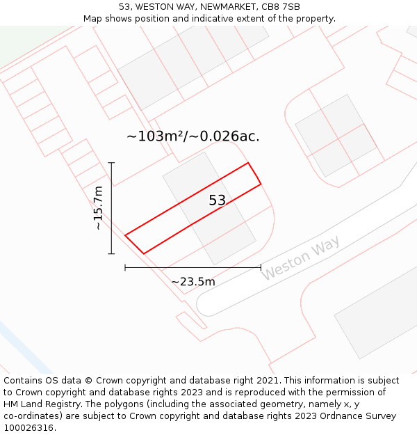 53, WESTON WAY, NEWMARKET, CB8 7SB: Plot and title map