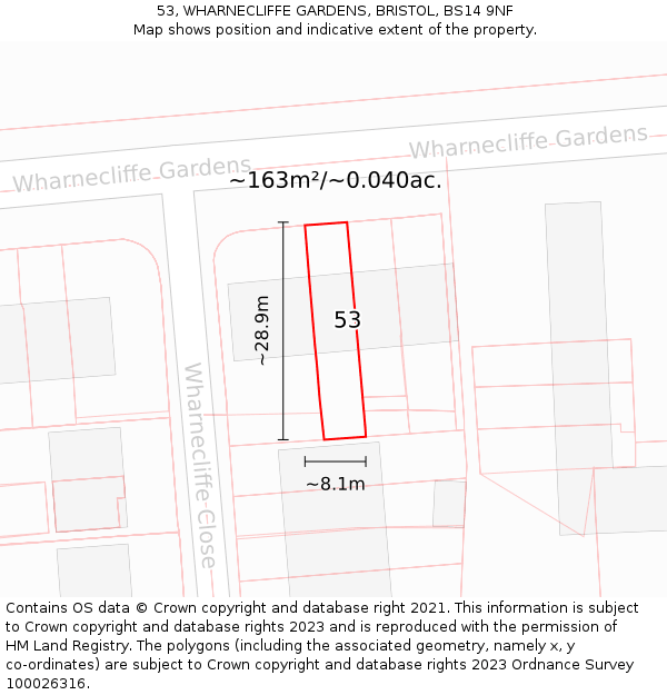 53, WHARNECLIFFE GARDENS, BRISTOL, BS14 9NF: Plot and title map