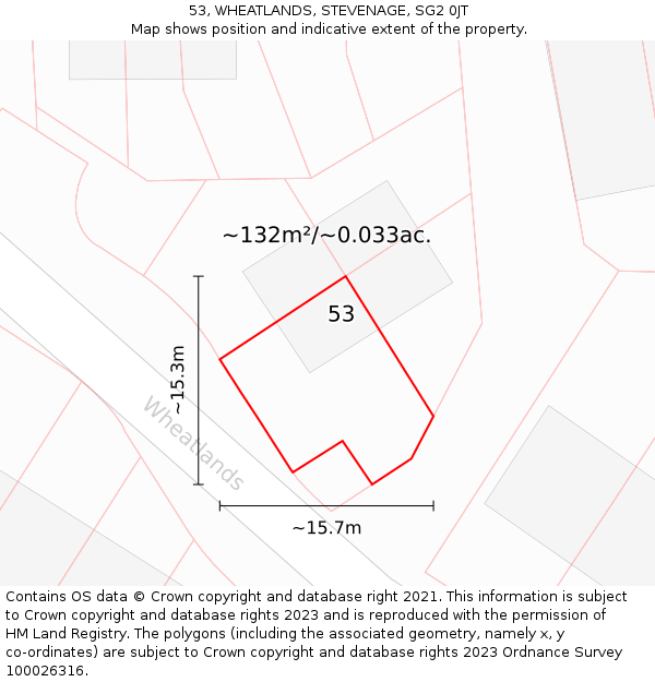 53, WHEATLANDS, STEVENAGE, SG2 0JT: Plot and title map