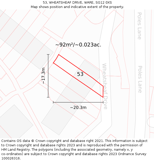 53, WHEATSHEAF DRIVE, WARE, SG12 0XS: Plot and title map