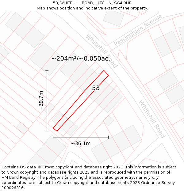 53, WHITEHILL ROAD, HITCHIN, SG4 9HP: Plot and title map