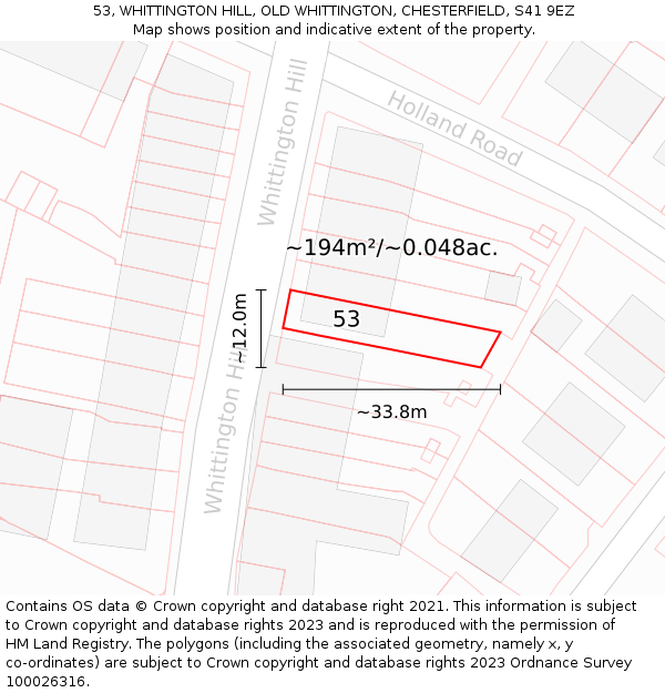 53, WHITTINGTON HILL, OLD WHITTINGTON, CHESTERFIELD, S41 9EZ: Plot and title map