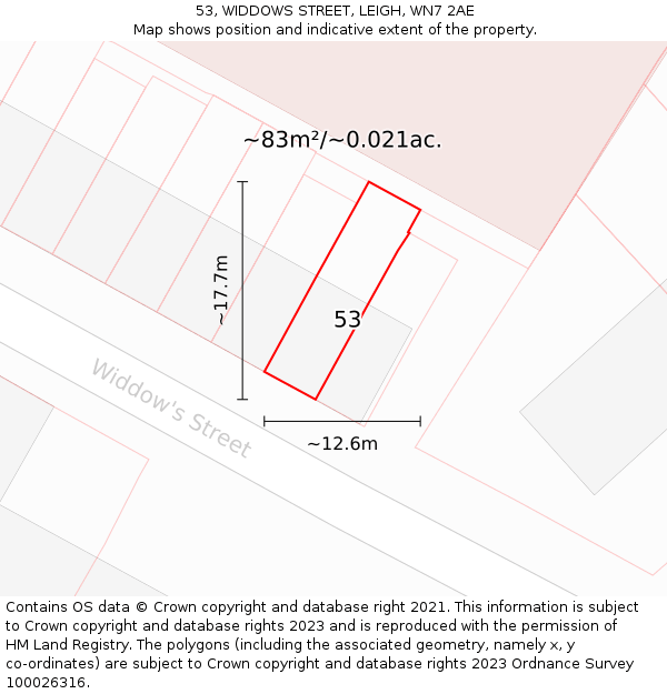 53, WIDDOWS STREET, LEIGH, WN7 2AE: Plot and title map