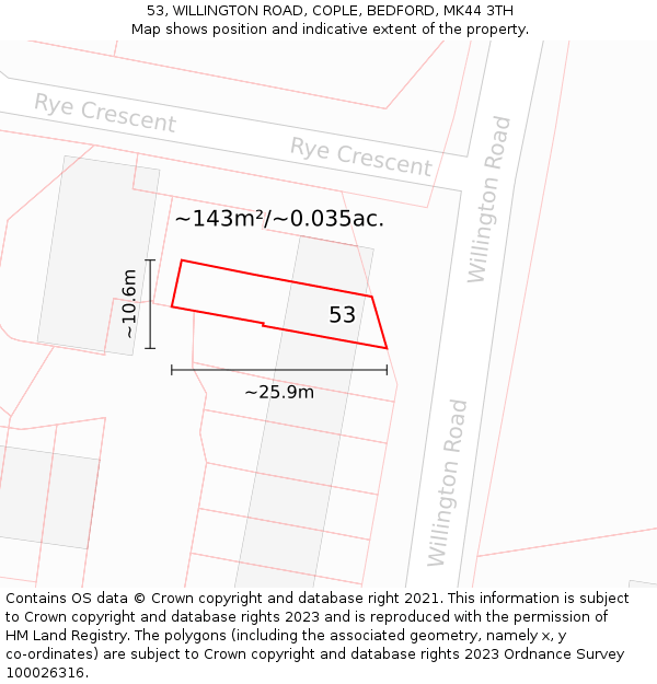 53, WILLINGTON ROAD, COPLE, BEDFORD, MK44 3TH: Plot and title map