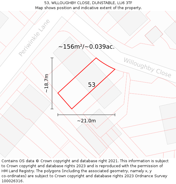 53, WILLOUGHBY CLOSE, DUNSTABLE, LU6 3TF: Plot and title map
