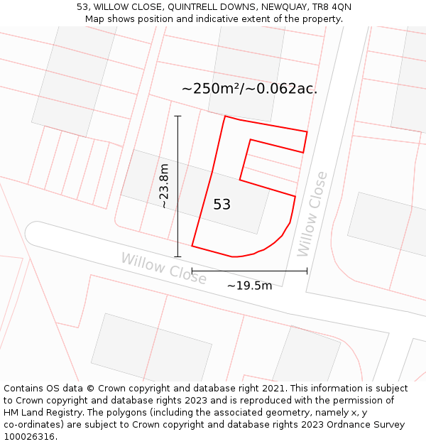 53, WILLOW CLOSE, QUINTRELL DOWNS, NEWQUAY, TR8 4QN: Plot and title map